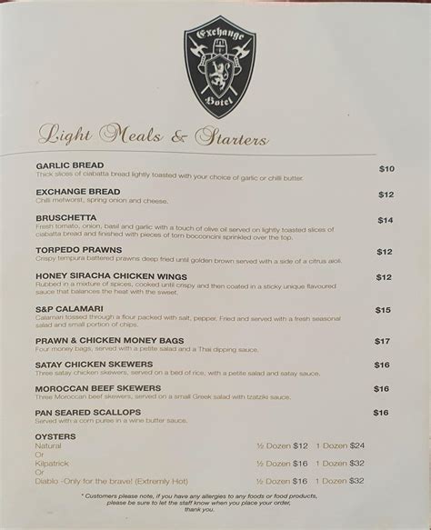 The Exchange Hotel Restaurant Menu